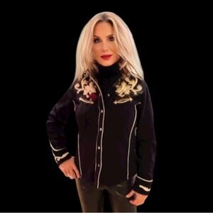 Embroidered Black Fleece Western Embroidered Jacket for Women